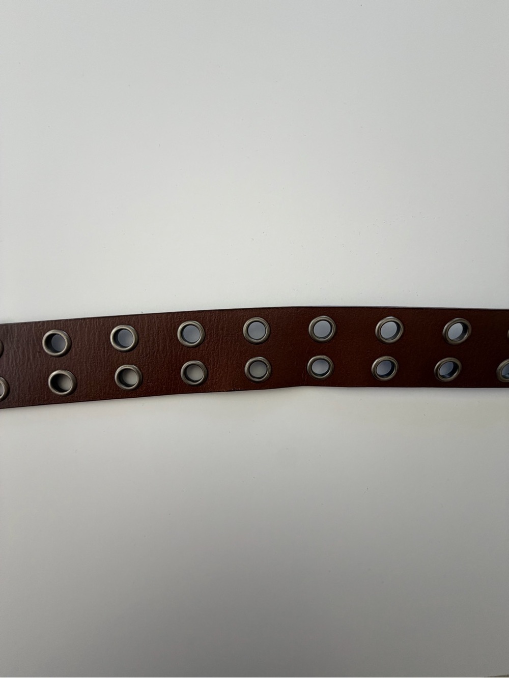 Brown Double Grommet Leather Belt Silver Double Prong Buckle Size M/L - Picture 3 of 5